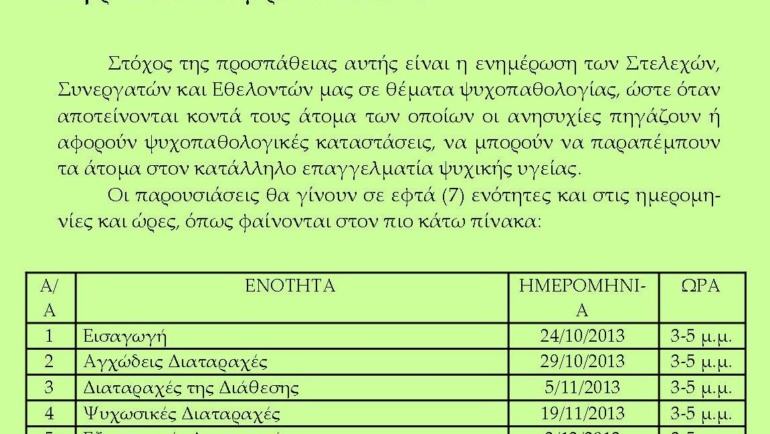 ΣΕΜΙΝΑΡΙΑ ΨΥΧΟΠΑΘΟΛΟΓΙΑΣ